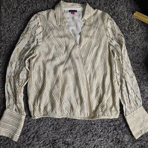 Vince Camuto Womens Gold Metallic Striped Surplice Blouse Cream Long Sleeve M